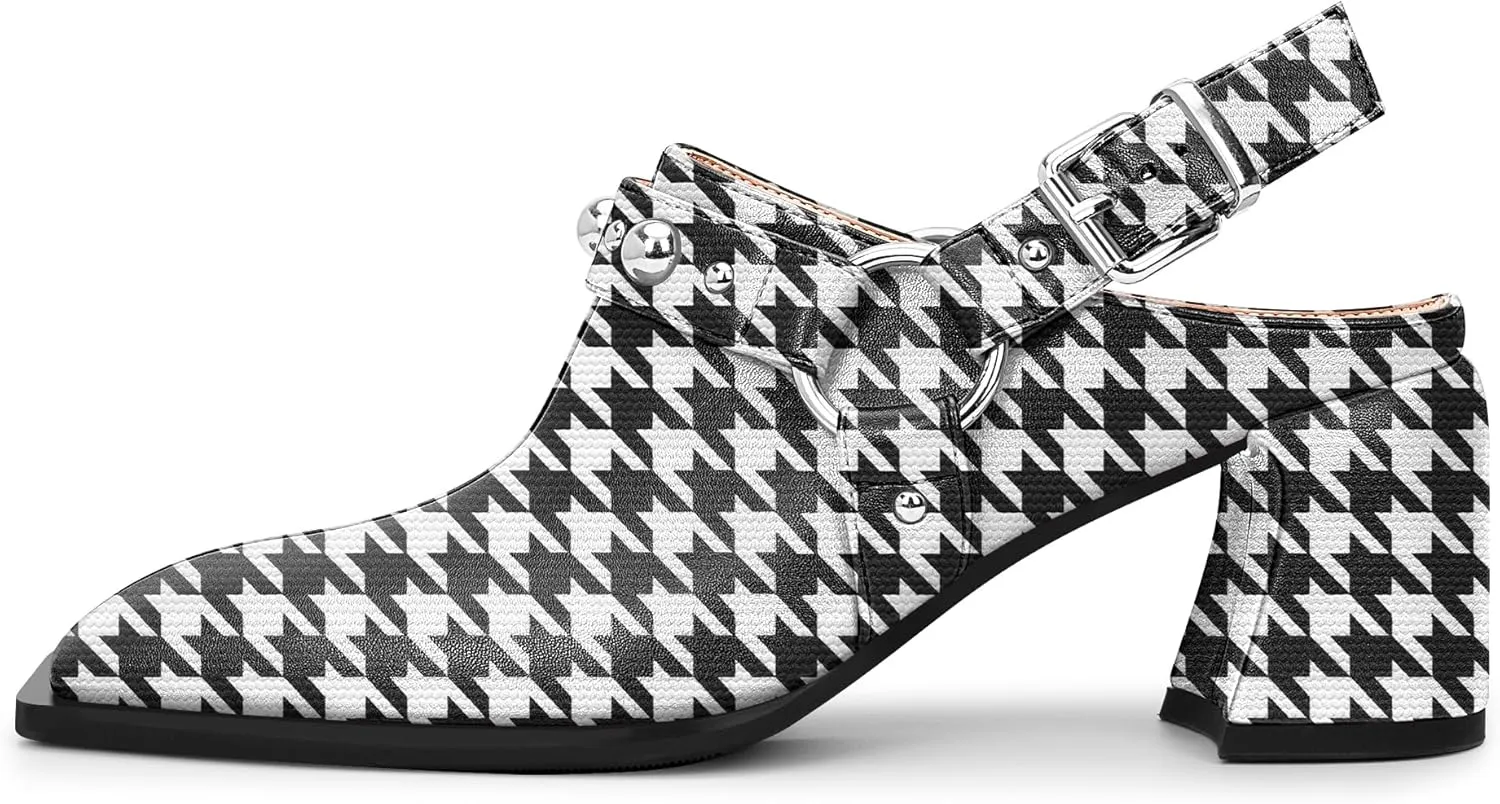 100FIXEO Women's Block Heel Slingback Pumps Studded Strap Buckle Square Toe Comfortable Shoes