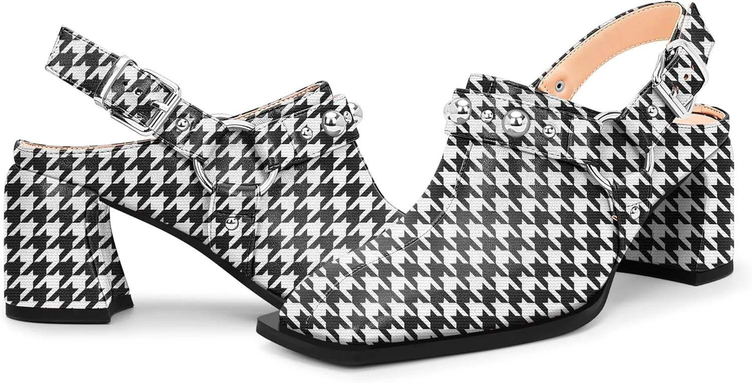 100FIXEO Women's Block Heel Slingback Pumps Studded Strap Buckle Square Toe Comfortable Shoes