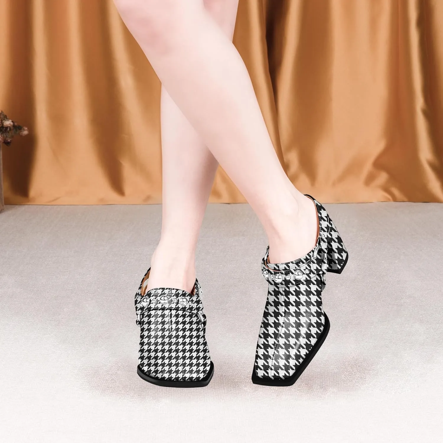 100FIXEO Women's Block Heel Slingback Pumps Studded Strap Buckle Square Toe Comfortable Shoes