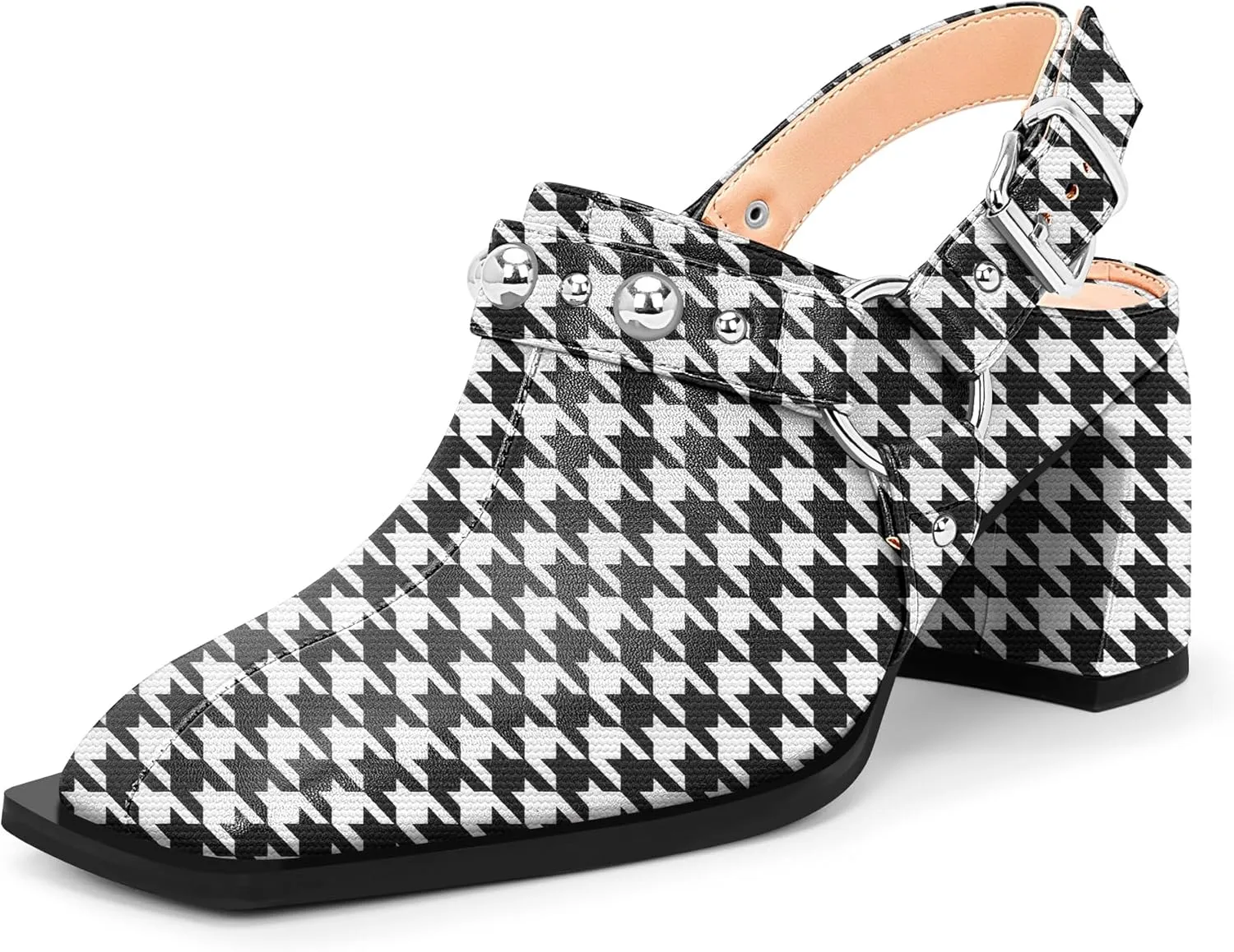 100FIXEO Women's Block Heel Slingback Pumps Studded Strap Buckle Square Toe Comfortable Shoes