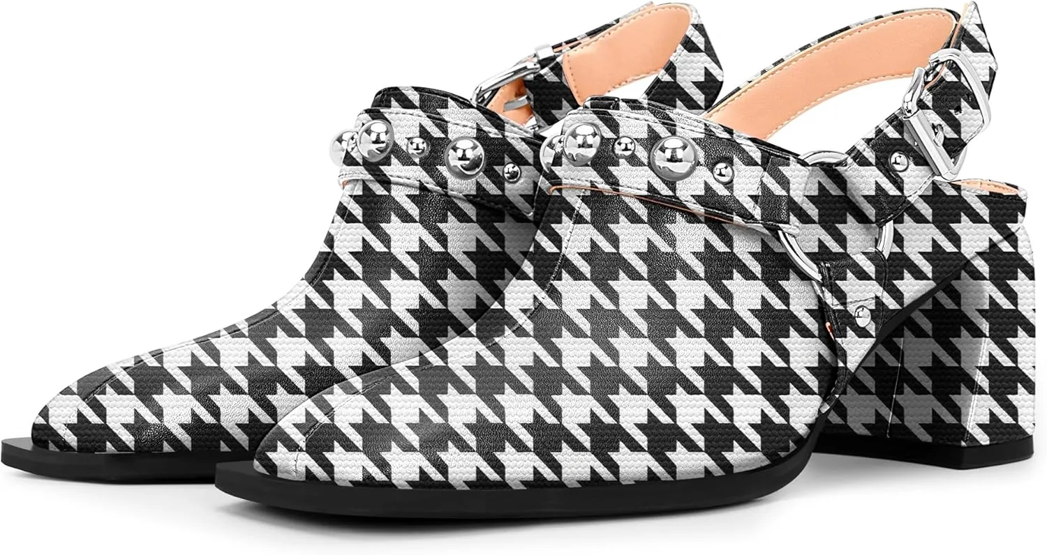 100FIXEO Women's Block Heel Slingback Pumps Studded Strap Buckle Square Toe Comfortable Shoes