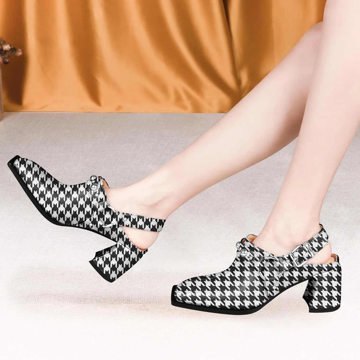 100FIXEO Women's Block Heel Slingback Pumps Studded Strap Buckle Square Toe Comfortable Shoes