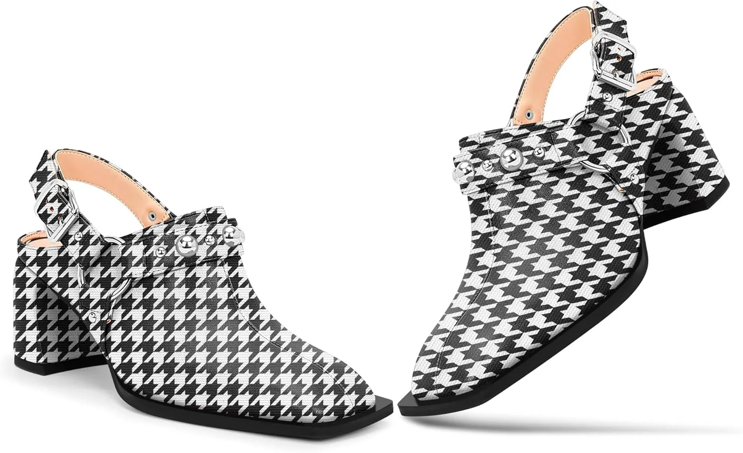100FIXEO Women's Block Heel Slingback Pumps Studded Strap Buckle Square Toe Comfortable Shoes