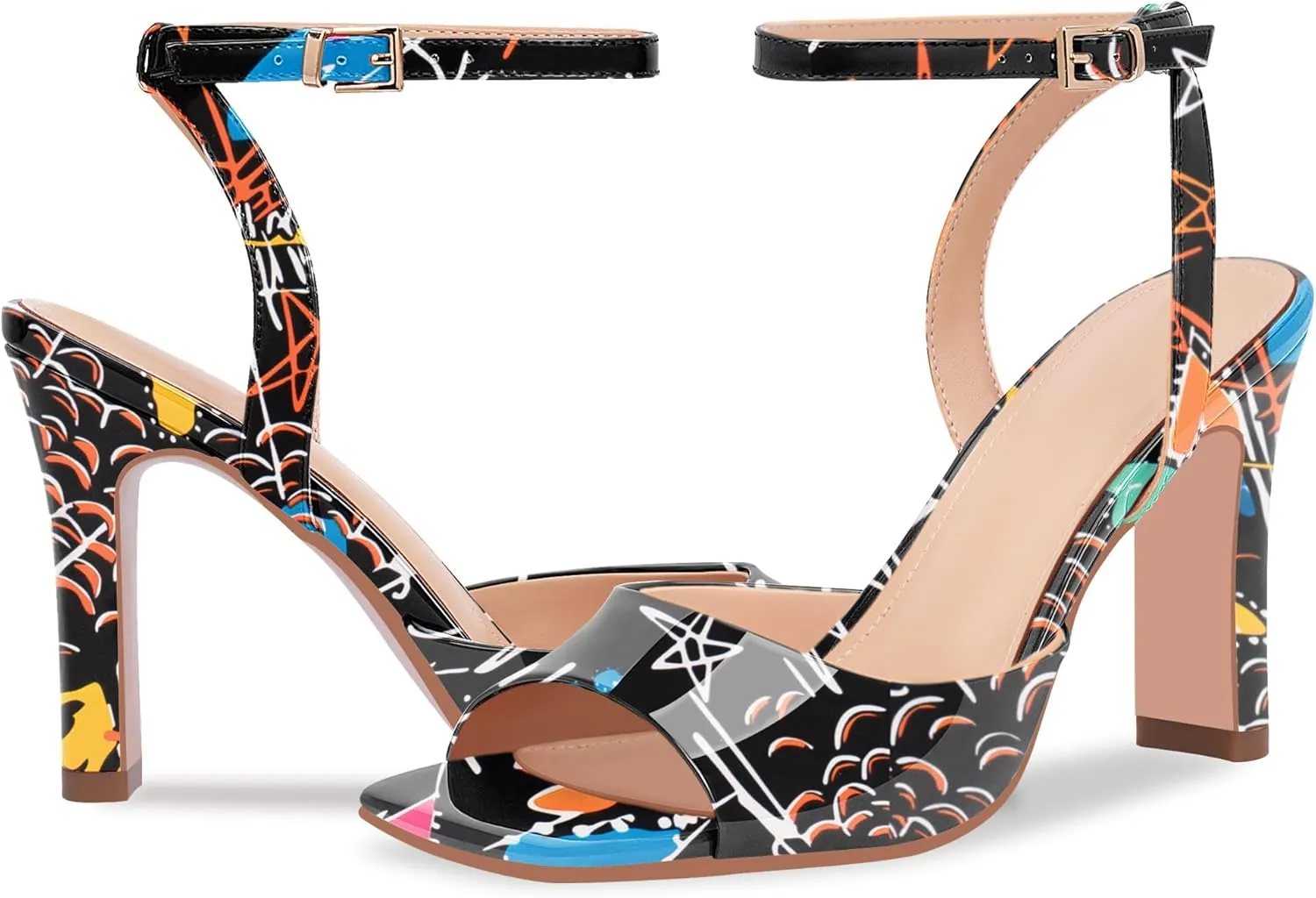 100FIXEO Women's Open Toe Ankle Strap Block Heel Sandals Stylish Comfortable Patent Leather High Heels for Party Daily Wear