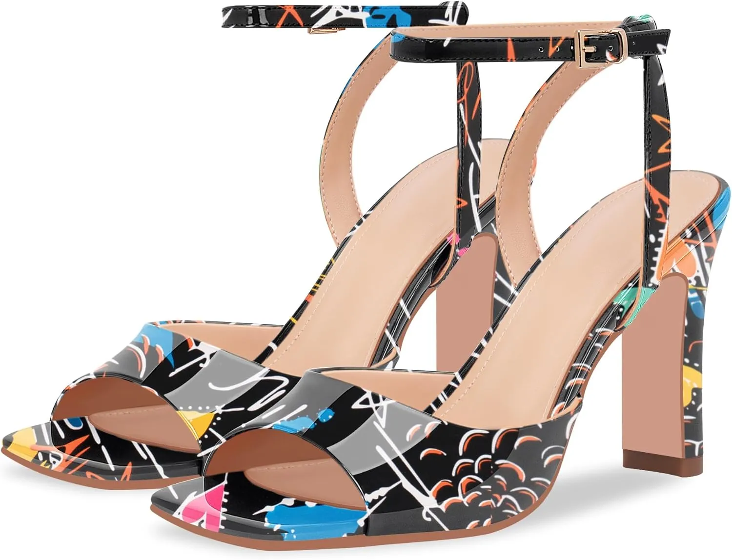 100FIXEO Women's Open Toe Ankle Strap Block Heel Sandals Stylish Comfortable Patent Leather High Heels for Party Daily Wear