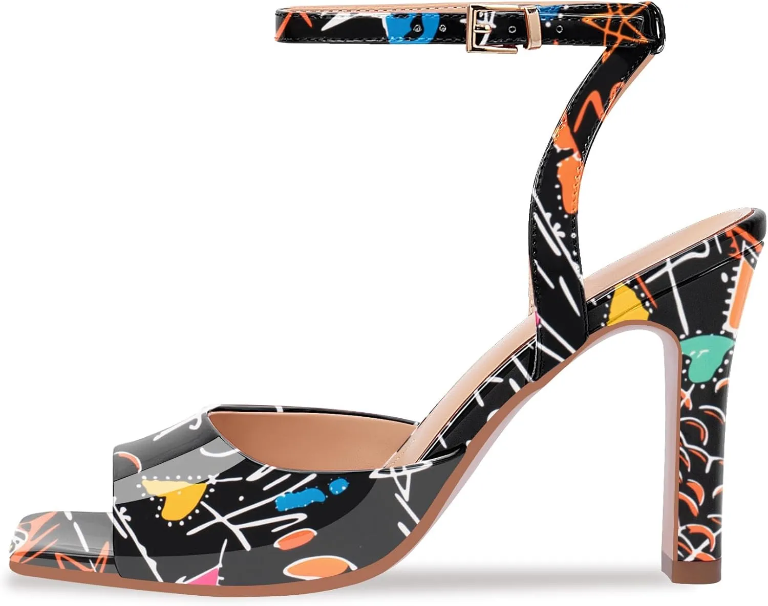 100FIXEO Women's Open Toe Ankle Strap Block Heel Sandals Stylish Comfortable Patent Leather High Heels for Party Daily Wear