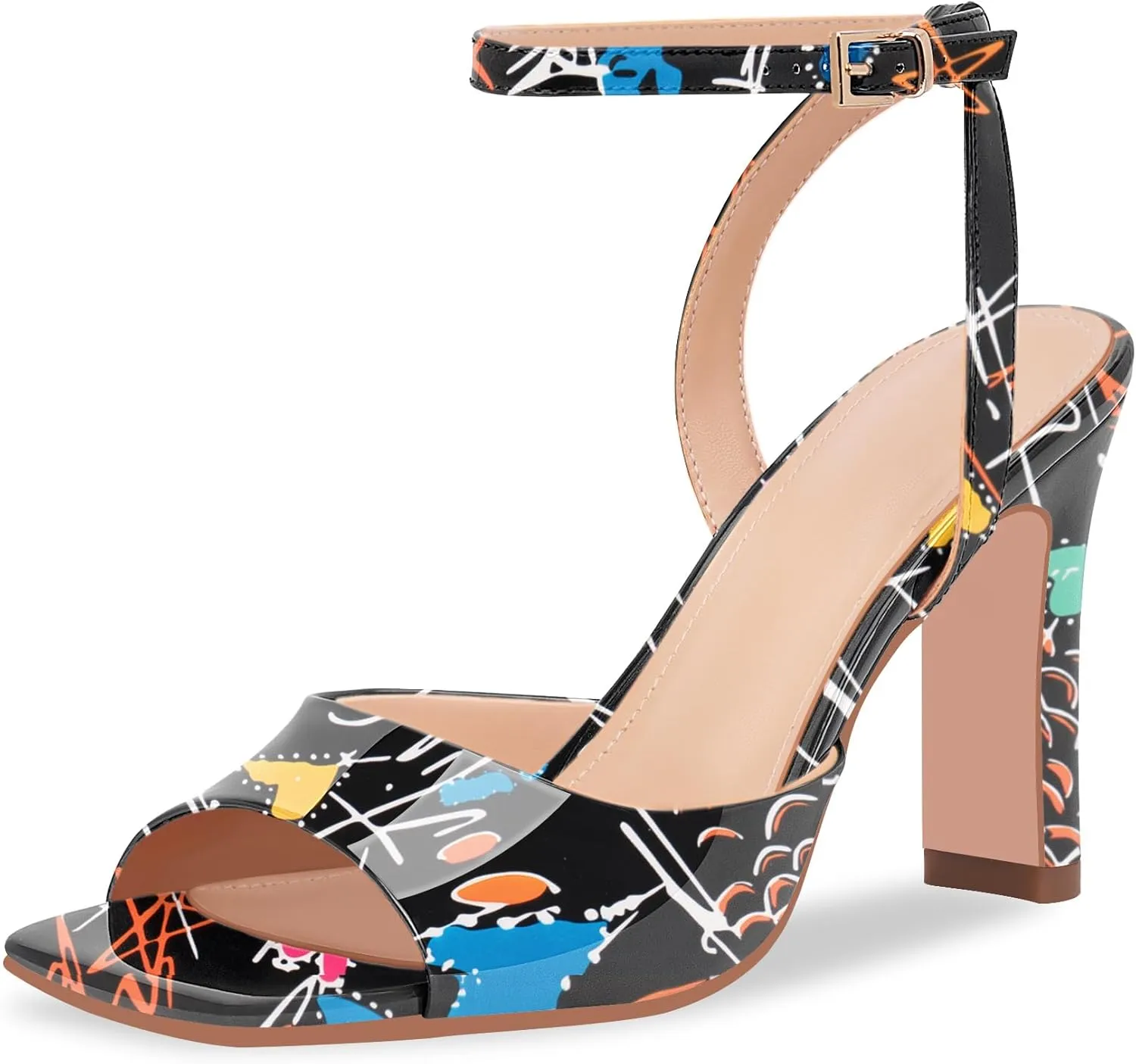 100FIXEO Women's Open Toe Ankle Strap Block Heel Sandals Stylish Comfortable Patent Leather High Heels for Party Daily Wear