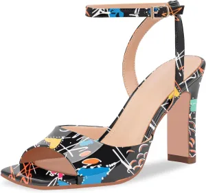100FIXEO Women's Open Toe Ankle Strap Block Heel Sandals Stylish Comfortable Patent Leather High Heels for Party Daily Wear