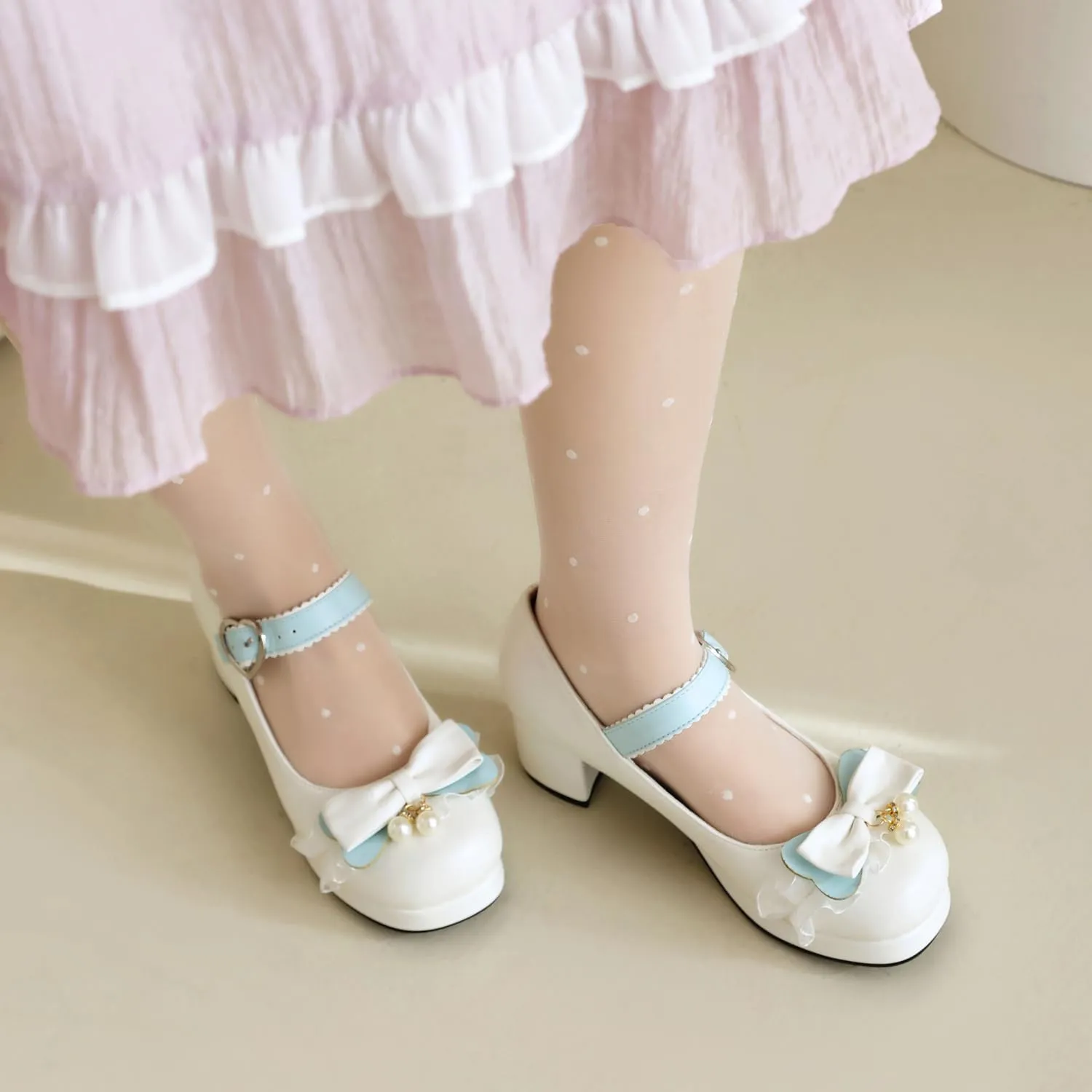 100FIXEO Womens Platform Mary Jane Shoes Ankle Strap Kawaii Block Mid Thick Heel Pumps with Bow and Lace