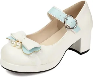 100FIXEO Womens Platform Mary Jane Shoes Ankle Strap Kawaii Block Mid Thick Heel Pumps with Bow and Lace