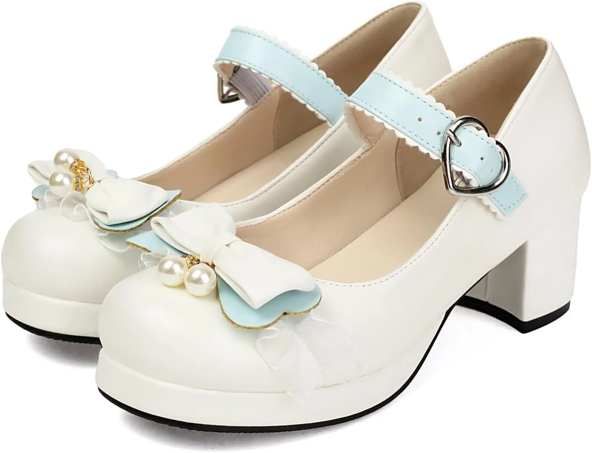 100FIXEO Womens Platform Mary Jane Shoes Ankle Strap Kawaii Block Mid Thick Heel Pumps with Bow and Lace