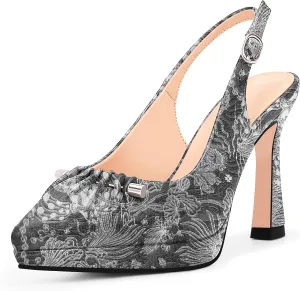100FIXEO Women's Platform Slingback High Heel Pointed Toe Buckle Comfortable Dress Shoes