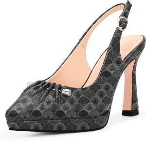 100FIXEO Women's Platform Slingback High Heel Pointed Toe Buckle Comfortable Dress Shoes