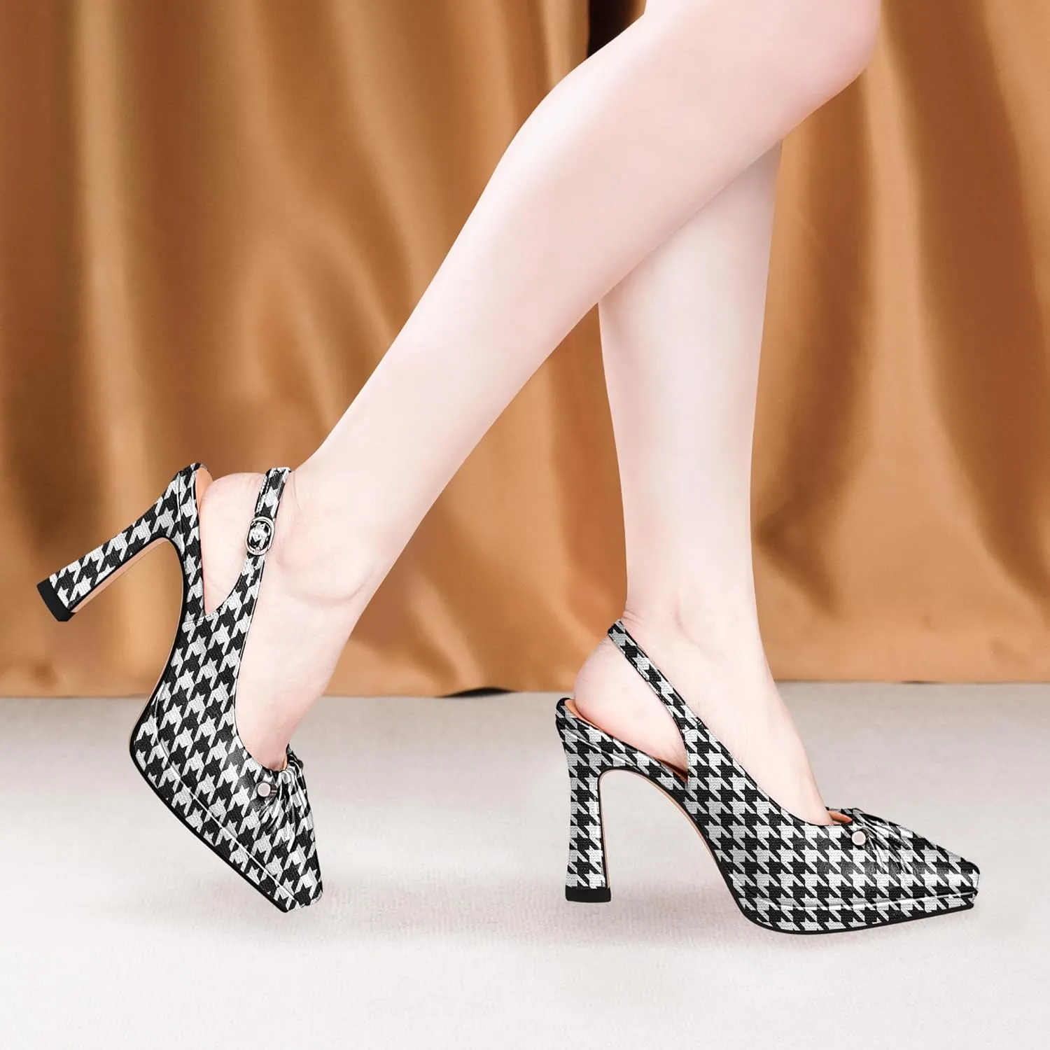 100FIXEO Women's Platform Slingback High Heel Pointed Toe Buckle Comfortable Dress Shoes