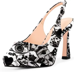 100FIXEO Women's Platform Slingback High Heel Pointed Toe Buckle Comfortable Dress Shoes