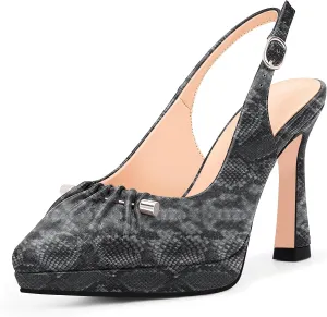 100FIXEO Women's Platform Slingback High Heel Pointed Toe Buckle Comfortable Dress Shoes