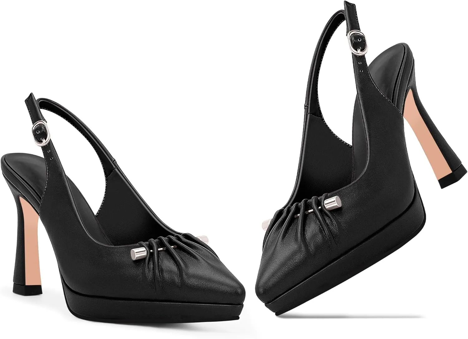 100FIXEO Women's Platform Slingback High Heel Pointed Toe Buckle Comfortable Dress Shoes
