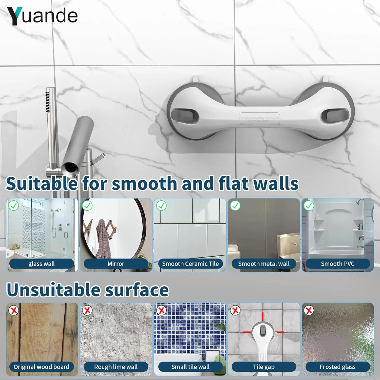 12 Inch 4 Pack Shower Grab Bar, YuanDe Suction Grab Bars for Bathtubs, Bathroom Safety Grip No Drilling Waterproof, Shower Handle Removable Shower Handrails for Seniors Elderly, (Grey&White