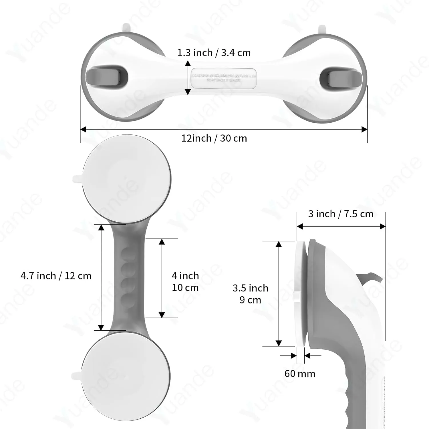 12 Inch 4 Pack Shower Grab Bar, YuanDe Suction Grab Bars for Bathtubs, Bathroom Safety Grip No Drilling Waterproof, Shower Handle Removable Shower Handrails for Seniors Elderly, (Grey&White