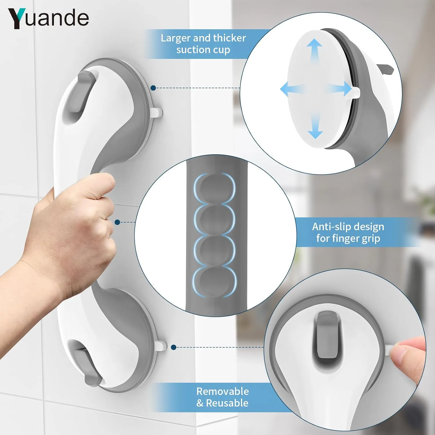 12 Inch 4 Pack Shower Grab Bar, YuanDe Suction Grab Bars for Bathtubs, Bathroom Safety Grip No Drilling Waterproof, Shower Handle Removable Shower Handrails for Seniors Elderly, (Grey&White