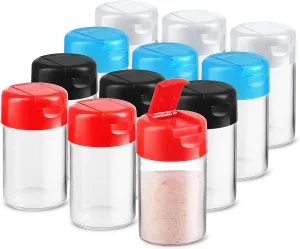 12 Pack - Plastic Salt and Pepper Shakers with Hinged Lid, No Spill Lunch Bag Camping Picnic Moisture Proof Spice Dispenser, Seasoning Container Pourer w/Cover, 3.5 oz. (12-Pack Asserted)