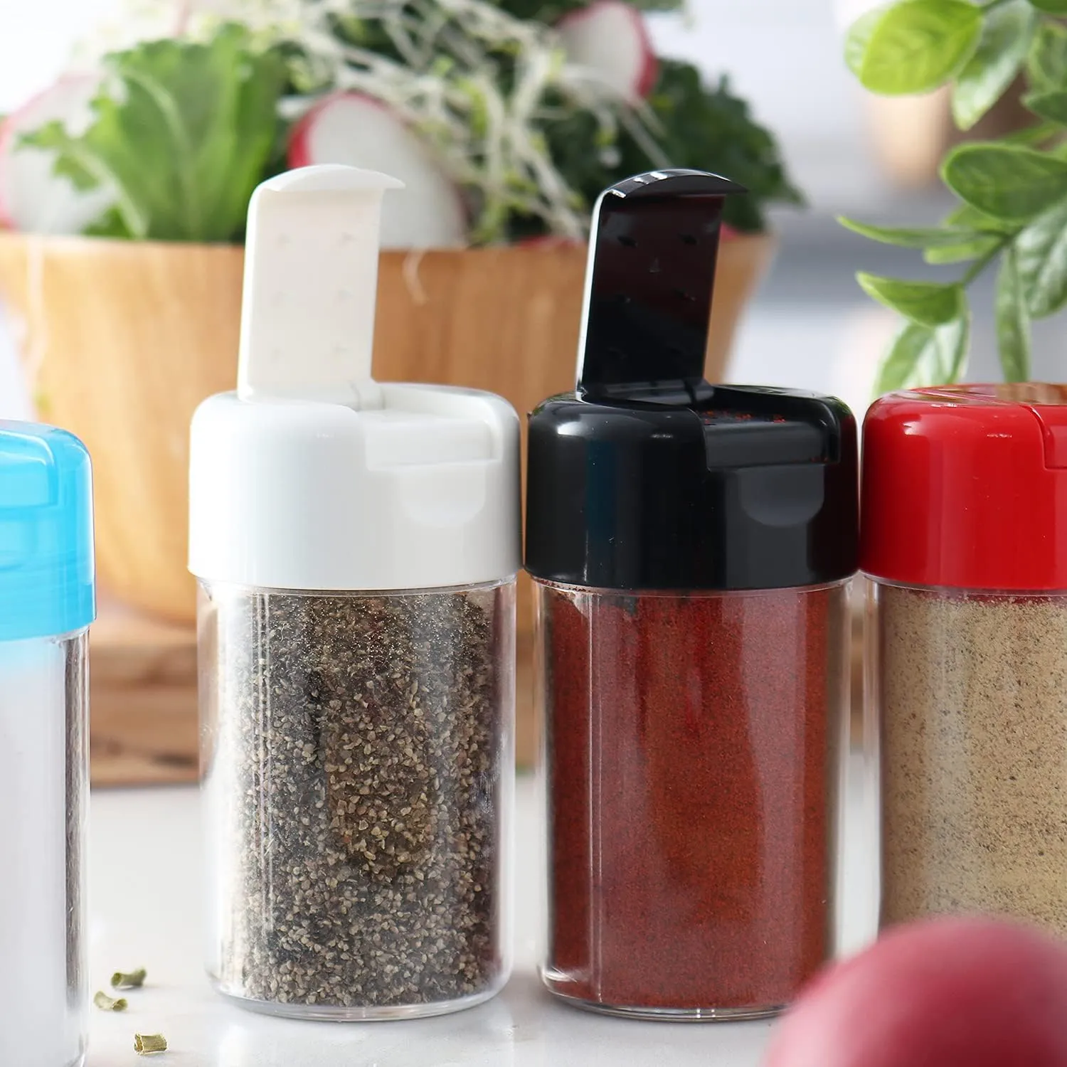 12 Pack - Plastic Salt and Pepper Shakers with Hinged Lid, No Spill Lunch Bag Camping Picnic Moisture Proof Spice Dispenser, Seasoning Container Pourer w/Cover, 3.5 oz. (12-Pack Asserted)
