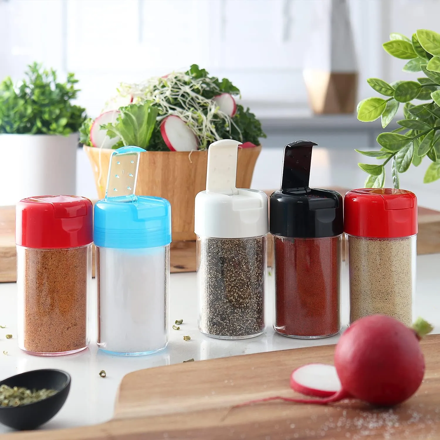 12 Pack - Plastic Salt and Pepper Shakers with Hinged Lid, No Spill Lunch Bag Camping Picnic Moisture Proof Spice Dispenser, Seasoning Container Pourer w/Cover, 3.5 oz. (12-Pack Asserted)