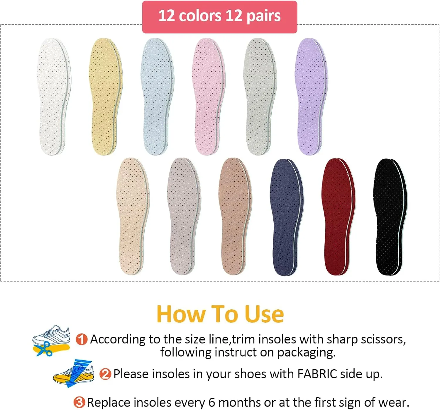 12 Pairs Shoe Insoles Women Thin Breathable Shoe Pads Inserts Ultra Soft Cushioning Walking Comfort Latex Insoles with Holes (Retro Colors)