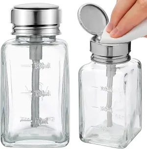 2 Pcs 6 Oz/ 180 ml Clear Pump Dispenser Bottle with Metal Flip Cover Glass Nail Polish Remover Push Down Dispenser Bottle Refillable Push Down Pump Dispenser Press Container for Makeup Remover