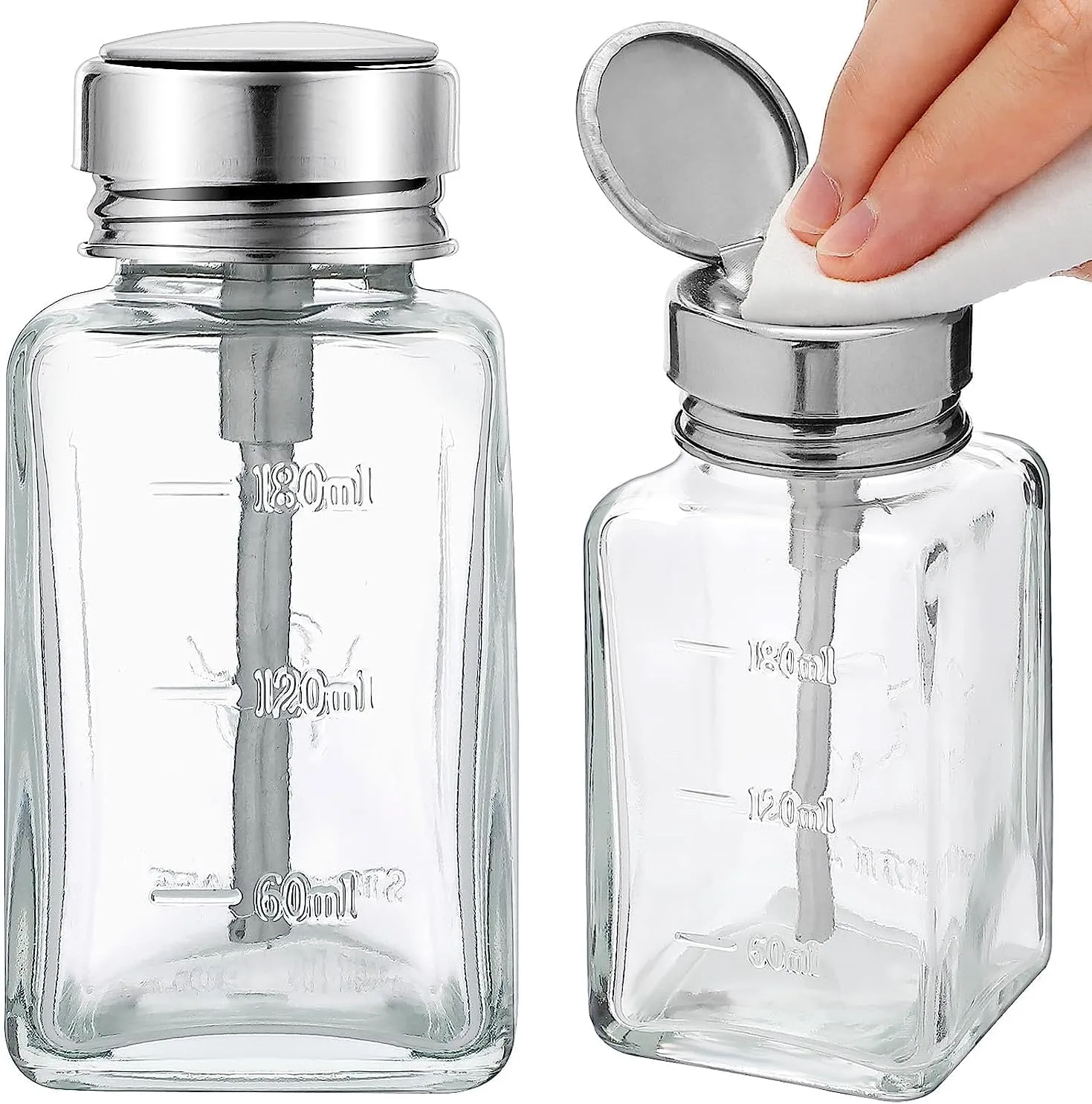 2 Pcs 6 Oz/ 180 ml Clear Pump Dispenser Bottle with Metal Flip Cover Glass Nail Polish Remover Push Down Dispenser Bottle Refillable Push Down Pump Dispenser Press Container for Makeup Remover