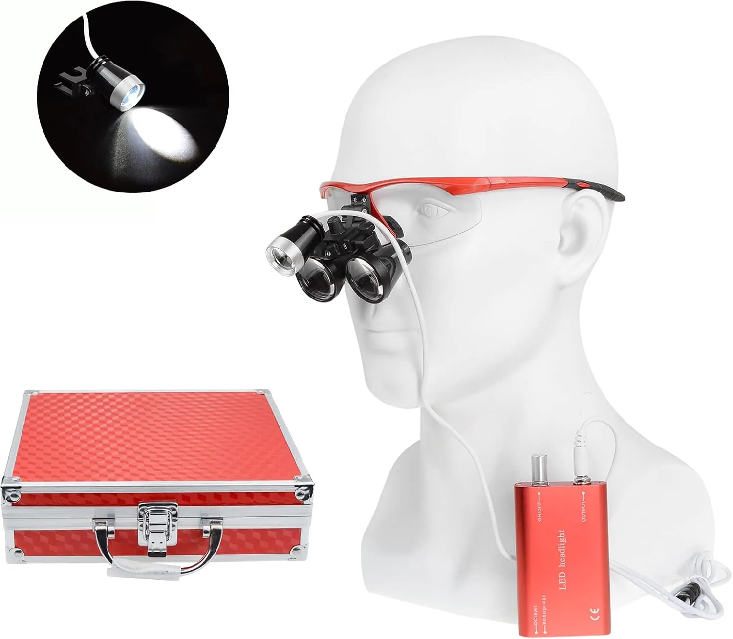 2.5X Loupe Binocular Glasses Magnifier with 3W Headlamp Headlight Aluminum Box (Red)