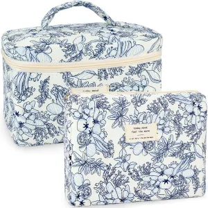 2Pcs Cotton Quilted Makeup Bag for Women Girls Floral Travel Large Small Cosmetic Bag Set Cute Vintage Flower Makeup Pouch Portable Toiletry Bag Organizer Coquette Aesthetic Makeup Brush Bag