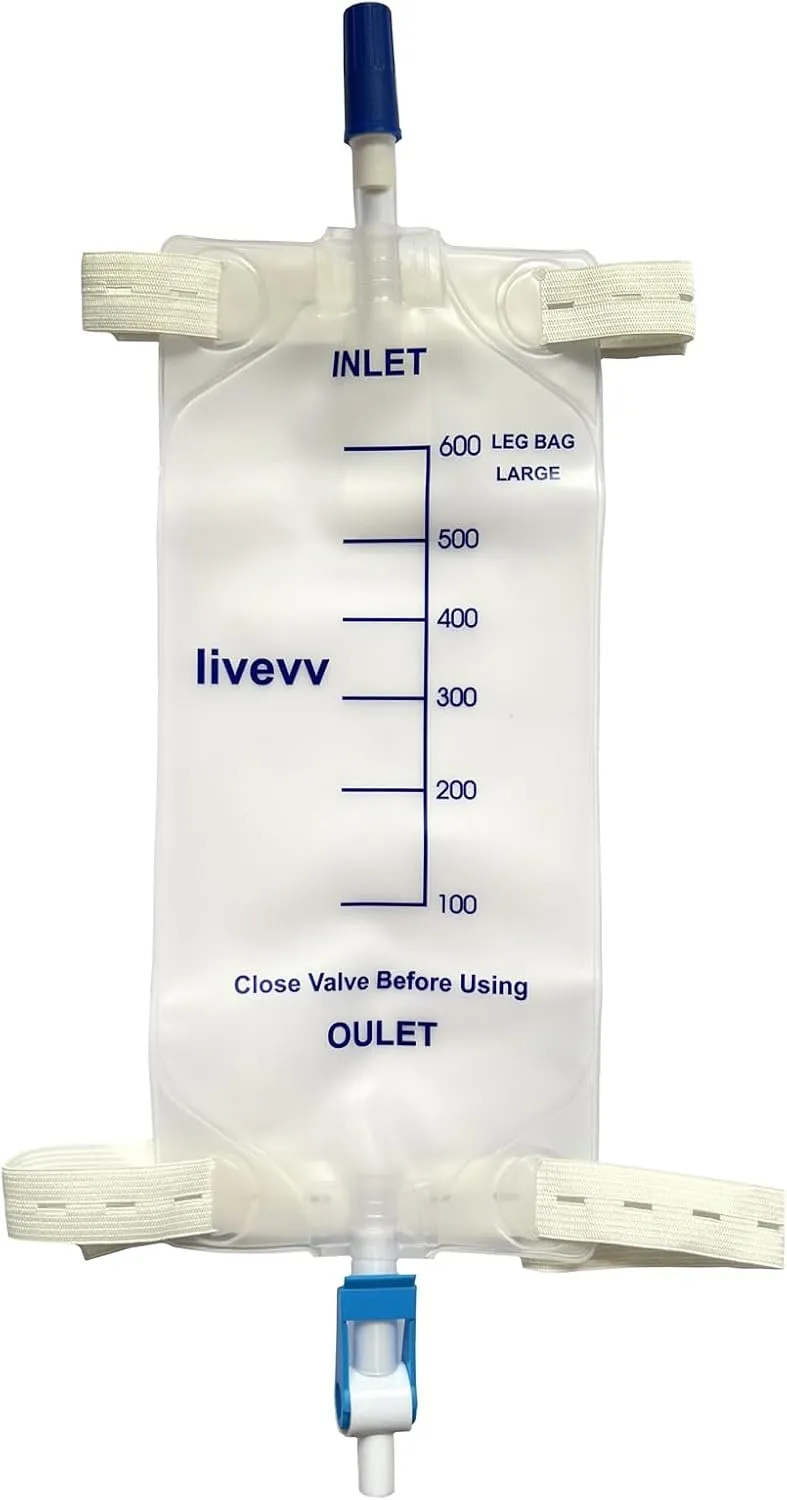 3 Pack Easy-Tap Leg Bag Urinary Drainage Bag, 600 ml with 3 18” Tubing, Anti-Reflux Valve, Cloth Straps Easy Flip Drain