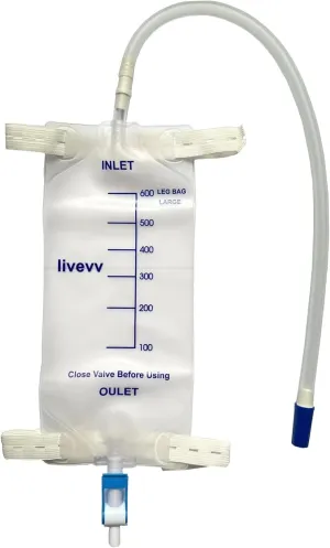 3 Pack Easy-Tap Leg Bag Urinary Drainage Bag, 600 ml with 3 18” Tubing, Anti-Reflux Valve, Cloth Straps Easy Flip Drain