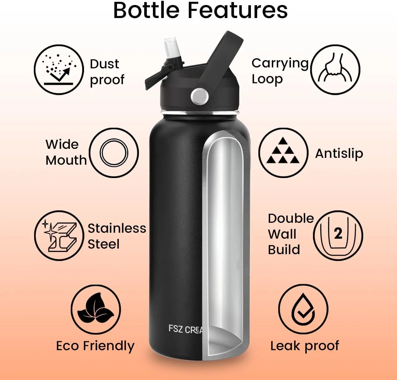 32oz Stainless Steel Water Bottle, Vacuum Insulated Double Walled, Sports & leisure Water Bottle with leak Proof Flip Lid & Straw, 24 hours Cold and 12 hours Hot, Black, BPA Free