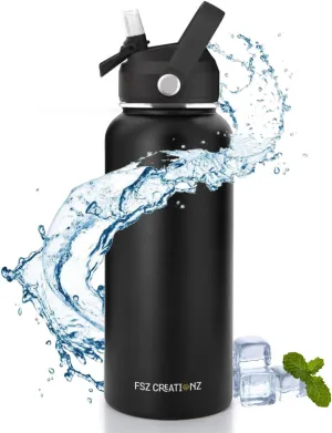 32oz Stainless Steel Water Bottle, Vacuum Insulated Double Walled, Sports & leisure Water Bottle with leak Proof Flip Lid & Straw, 24 hours Cold and 12 hours Hot, Black, BPA Free