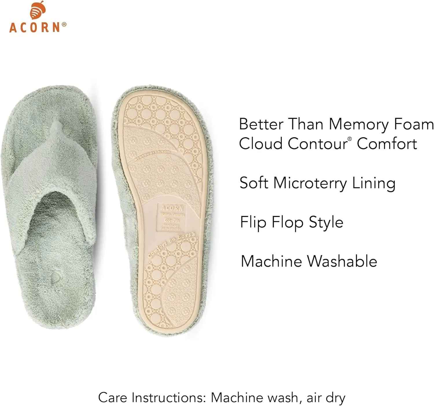 Acorn Women's Spa Thong Slippers with Cloud Contour Comfort - Arch Support and Plush Fluffy Terry Lining, Perfect for Beach, Camping, Poolside, or Bathroom Wear