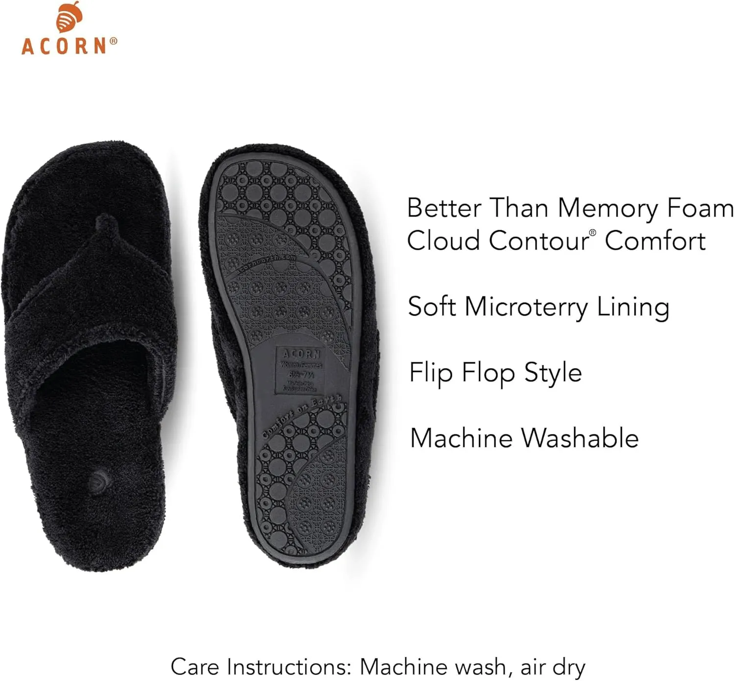 Acorn Women's Spa Thong Slippers with Cloud Contour Comfort - Arch Support and Plush Fluffy Terry Lining, Perfect for Beach, Camping, Poolside, or Bathroom Wear