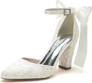 ADMLZQQ Women's High Chunky Heels Lace Pointed Toe Block Ankle Strap Dress Shoe Ladies Pump Wedding Shoes