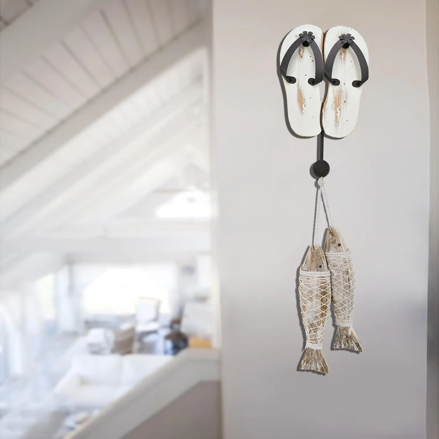 Aecipl Wooden Wall Hooks Hanging Flip Flop Sign Beach Themed Decor Nautical Coat Towel Hook for Bathroom Bedroom Pool Wall Mounted Decorative Slipper Decoration (White)