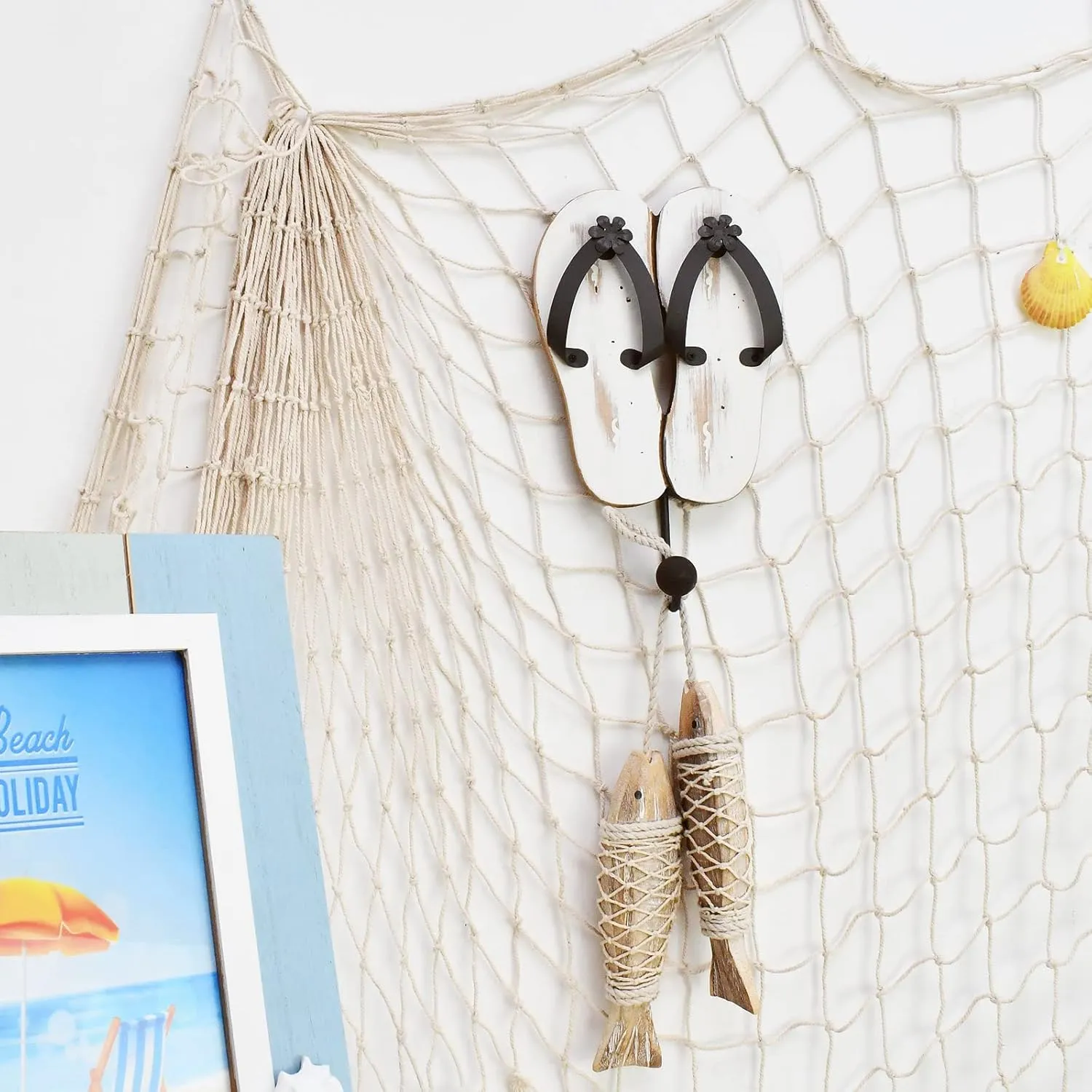 Aecipl Wooden Wall Hooks Hanging Flip Flop Sign Beach Themed Decor Nautical Coat Towel Hook for Bathroom Bedroom Pool Wall Mounted Decorative Slipper Decoration (White)