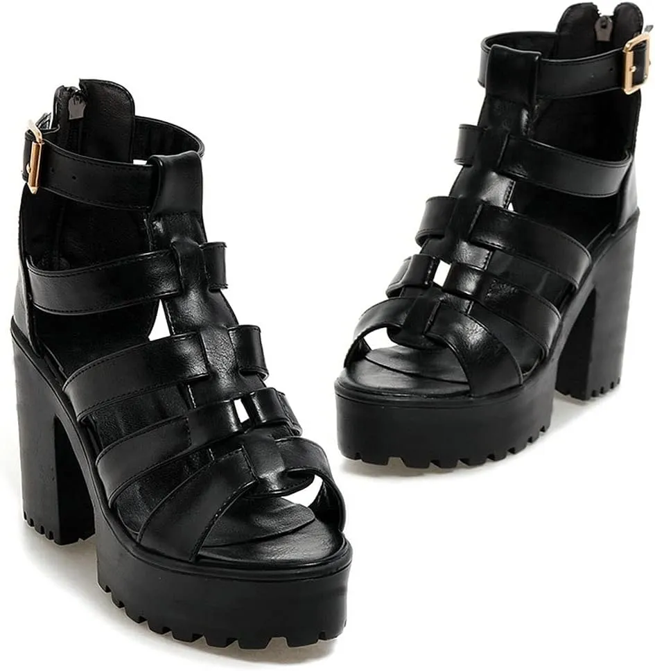 Agodor Women's Strappy Chunky Heeled Roman Gladiator Sandals High Heels Gothic Platform Open Toe Caged Shoes