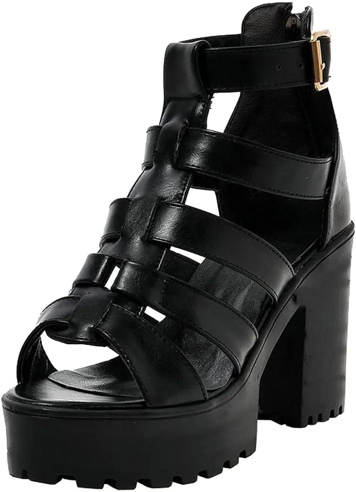 Agodor Women's Strappy Chunky Heeled Roman Gladiator Sandals High Heels Gothic Platform Open Toe Caged Shoes