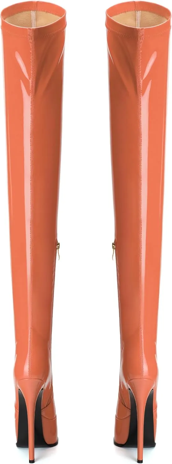 AMBELIGHT Platform Over The Knee Boots for Women Thigh High Stiletto Zipper Round Toe Patent Long Boots Elegant Classic Sexy Fashion Tall Boots