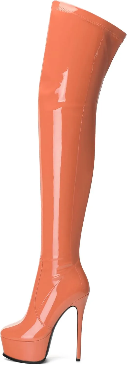 AMBELIGHT Platform Over The Knee Boots for Women Thigh High Stiletto Zipper Round Toe Patent Long Boots Elegant Classic Sexy Fashion Tall Boots