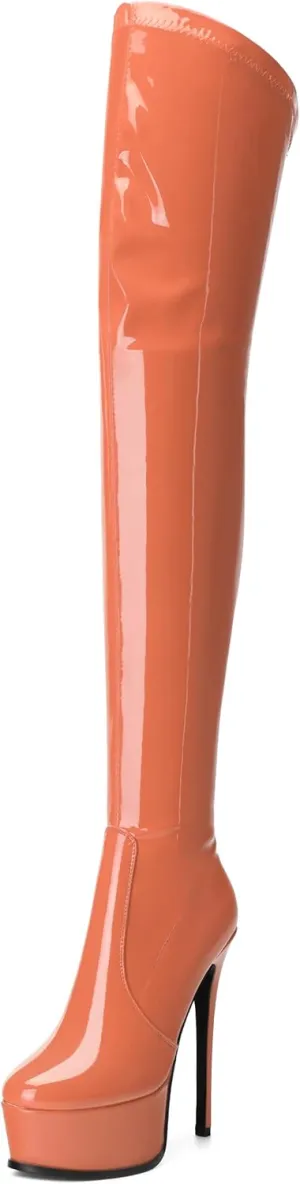 AMBELIGHT Platform Over The Knee Boots for Women Thigh High Stiletto Zipper Round Toe Patent Long Boots Elegant Classic Sexy Fashion Tall Boots