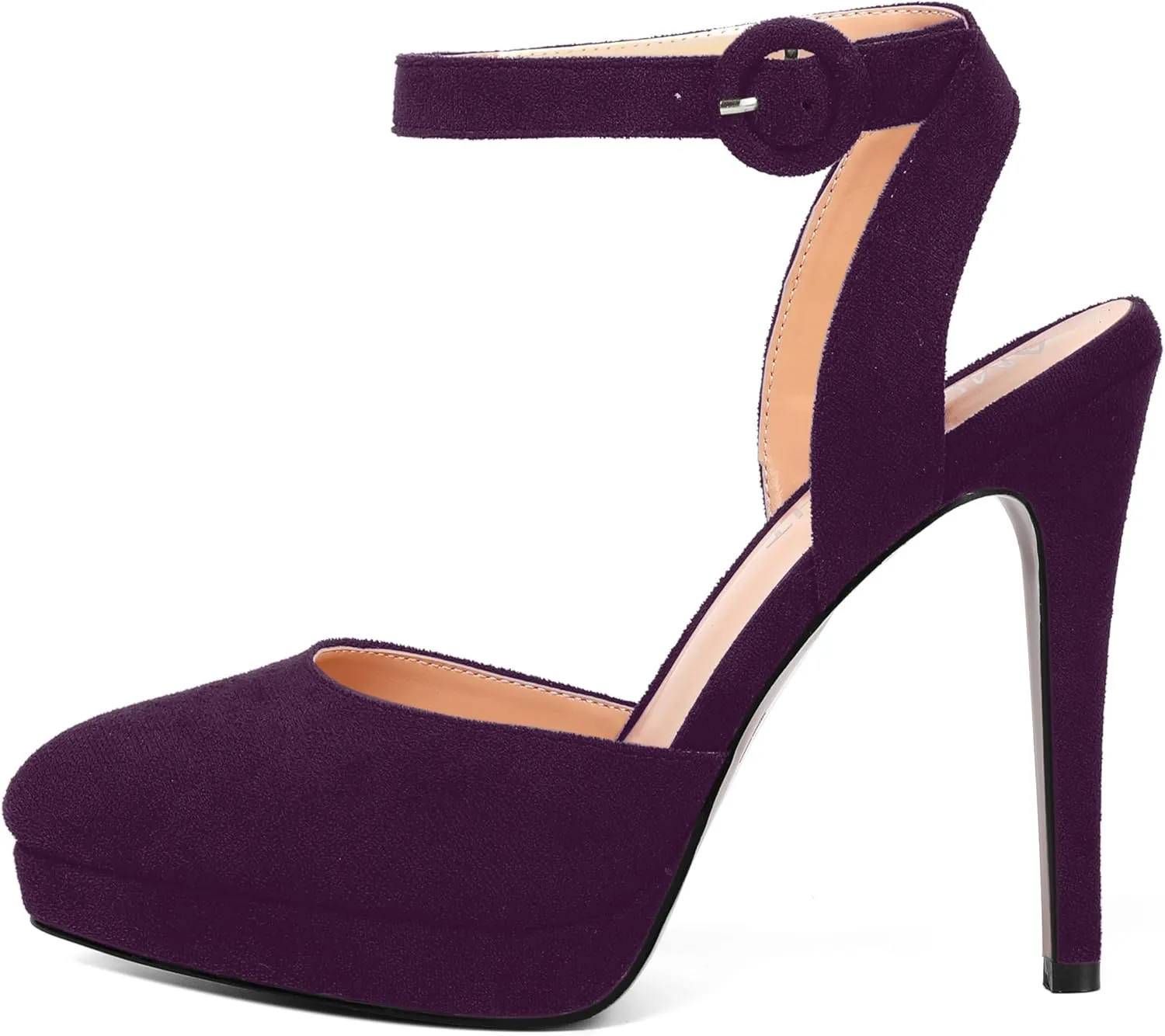 AMBELIGHT Womens Buckle Round Toe Suede Ankle Strap Solid Wedding Dress Platform Stiletto High Heel Pumps Shoes 4.7 Inch