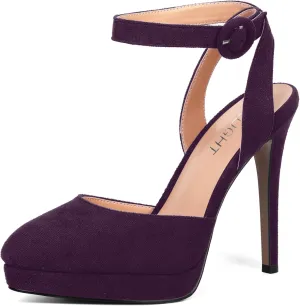 AMBELIGHT Womens Buckle Round Toe Suede Ankle Strap Solid Wedding Dress Platform Stiletto High Heel Pumps Shoes 4.7 Inch