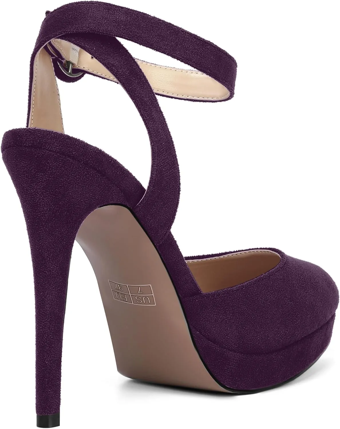 AMBELIGHT Womens Buckle Round Toe Suede Ankle Strap Solid Wedding Dress Platform Stiletto High Heel Pumps Shoes 4.7 Inch