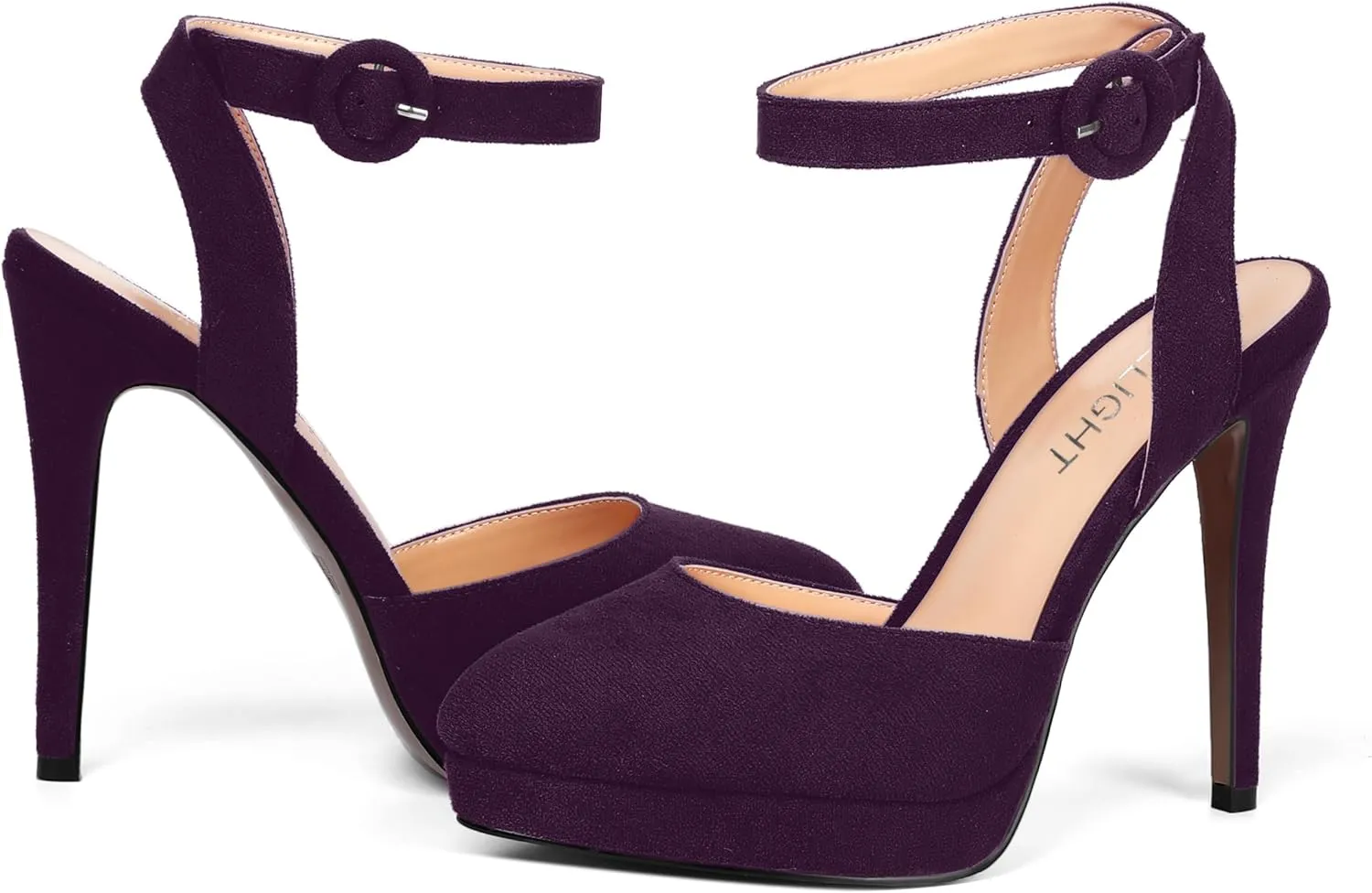 AMBELIGHT Womens Buckle Round Toe Suede Ankle Strap Solid Wedding Dress Platform Stiletto High Heel Pumps Shoes 4.7 Inch